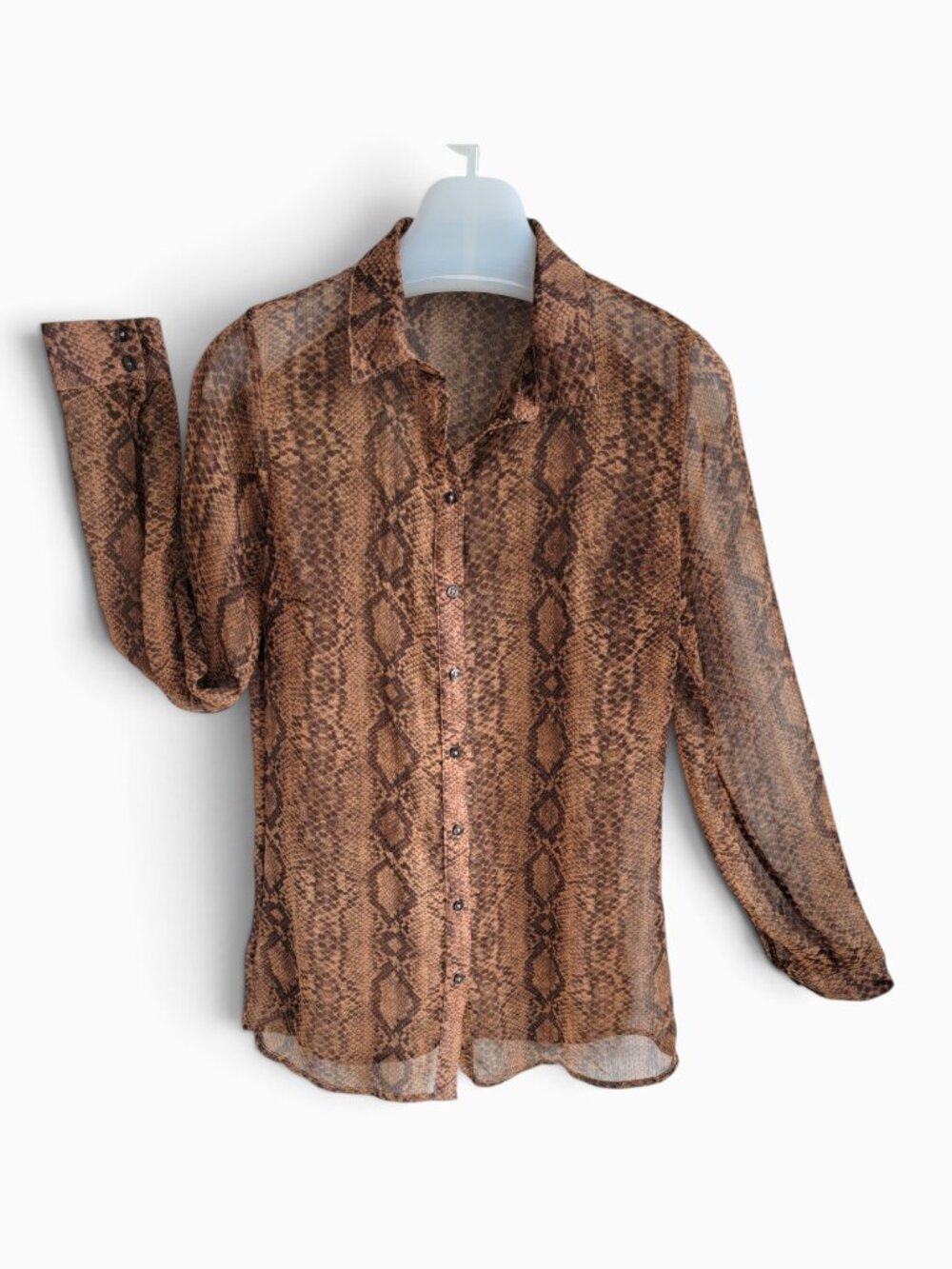 GUESS Snakeskin Sheer Blouse S Button Front Animal Print Y2K Sexy Sheer